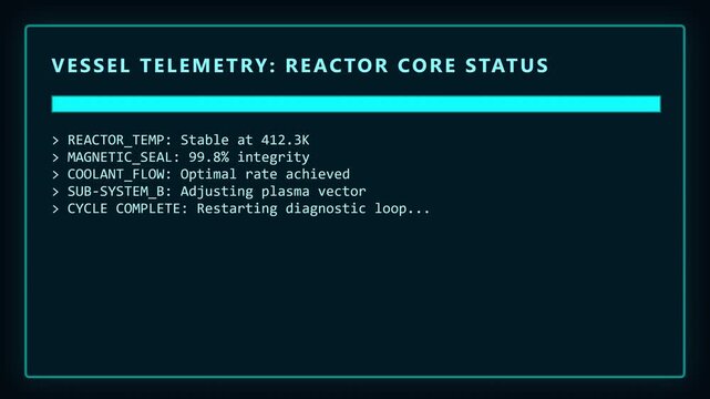 Sci-fi reactor telemetry dashboard with digital glitch effects