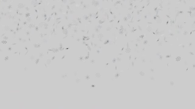 Falling hand drawn dark snowflakes on a light gray background