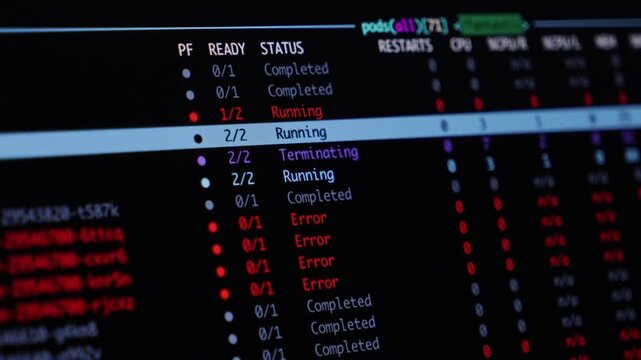 A terminal screen display showing Kubernetes pod management console with system status updates and automated container task monitoring for professional cloud infrastructure operations