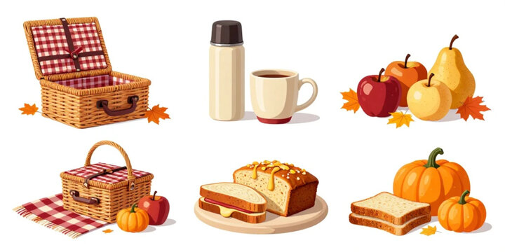 Wicker baskets, hot drink thermos, seasonal fruits, and pumpkin bread slices feature in an autumn vector bundle.