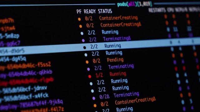 A terminal screen displaying Kubernetes container pod status updates, highlighting real-time system monitoring, server management, and cloud infrastructure operations in dark mode