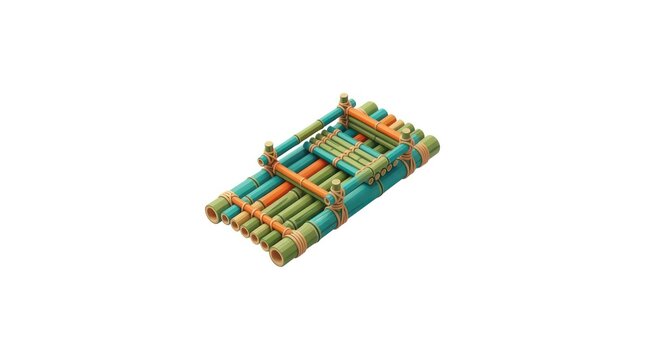 Isometric bamboo raft with colorful green and blue poles on white