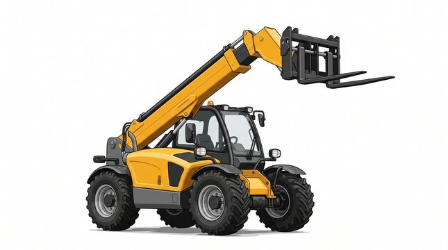 Yellow telehandler with extended boom and forks, industrial construction equipment for lifting heavy loads