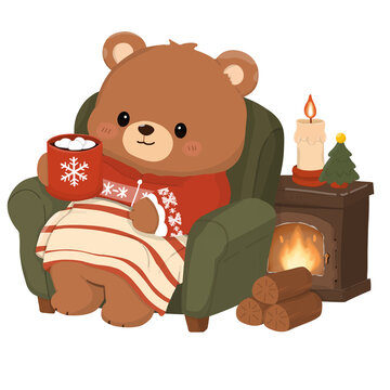 ute christmas bear sitting in armchair by fireplace with hot cocoa vector illustration