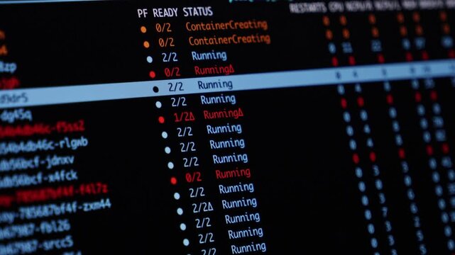 A terminal screen displaying Kubernetes pod status updates, highlighting container orchestration and cluster management processes in a digital software development and engineering setting