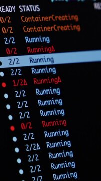 A terminal screen displaying Kubernetes container pod status logs, highlighting automated cluster management processes and software orchestration operations for tech engineers. Vertical