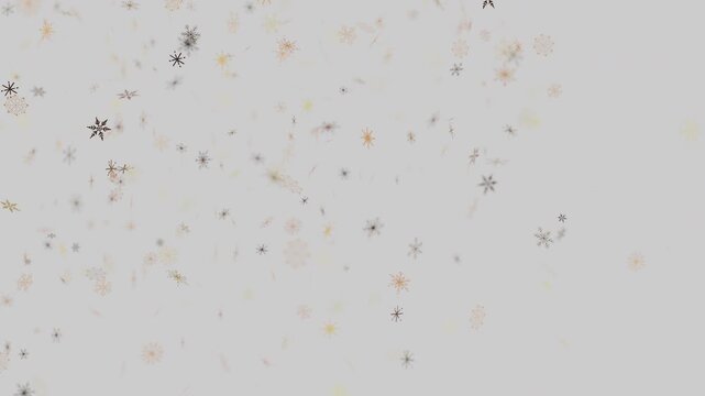 Elegant falling golden snowflakes on a light gray winter background
