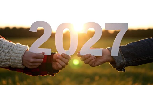 People holding white numbers celebrating start of the year in sunny field perfect for future success concept