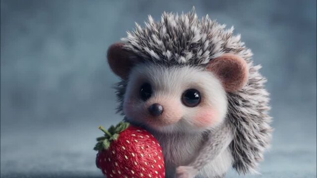 Cute hedgehog plush toy holding ripe red strawberry in neutral studio setting with soft lighting