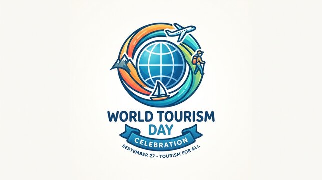 World Tourism Day Logo and Travel Celebration Design with Globe, Airplane and Landmark Symbols
