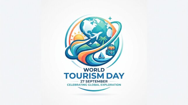World Tourism Day Logo and Travel Celebration Design with Globe, Airplane and Landmark Symbols