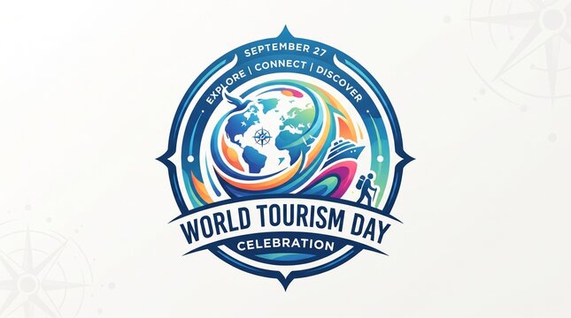 World Tourism Day Logo and Travel Celebration Design with Globe, Airplane and Landmark Symbols