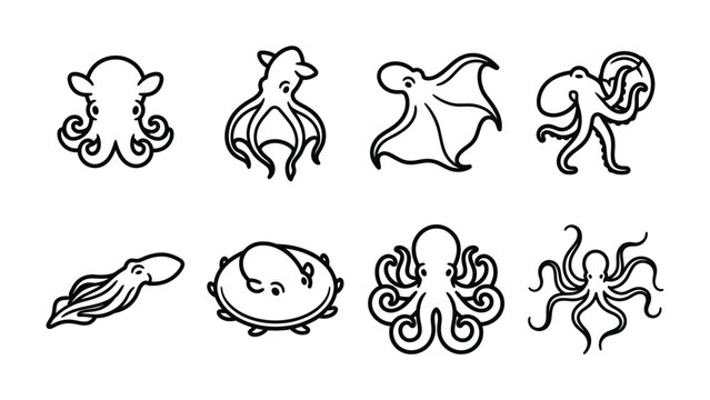 Set of Octopus Icons: A collection of stylized, minimalist line art illustrations depicting octopuses in various dynamic poses, showcasing their unique tentacles and forms.