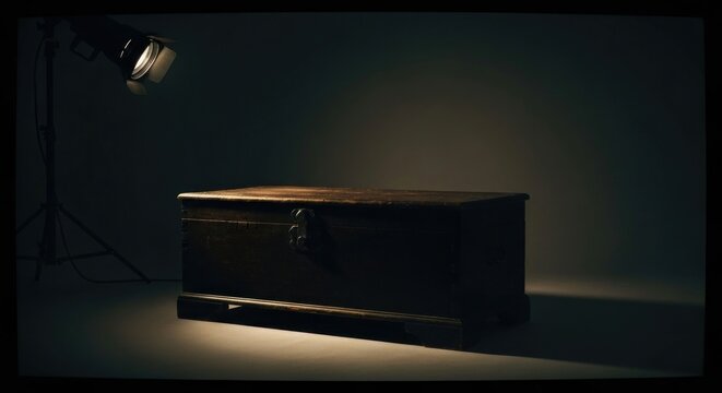 Dark studio; old wooden chest lit by a single spotlight