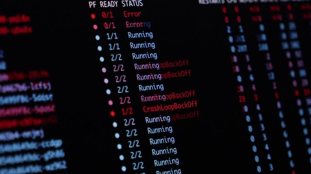 Computer screen displaying complex container orchestration status in a command line interface, illustrating professional system monitoring, software deployment and cloud management. Zoom
