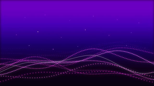 Abstract glowing digital waves of pink and white particles flow across a dark purple background with subtle stars, motion graphic loop