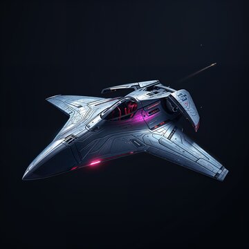 AI-generated realistic science fiction digital illustration of a sleek white futuristic spacecraft with angular wings and glowing magenta propulsion accents isolated in deep space.