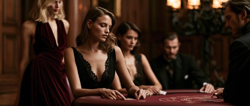 A wide cinematic side-angle photograph capturing an elite, glamorous group of people playing a high-stakes card game at a red table inside a luxury casino lounge. A beautiful blonde woman in a deep re