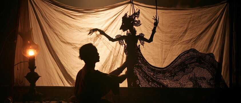 Ancient storytelling comes alive as a dalang master manipulates an ornate wayang kulit puppet against a glowing screen. Warm candlelight casts dramatic silhouettes in this UNESCO cultural.