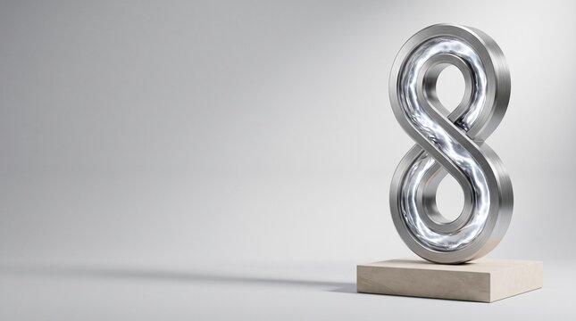 Brushed platinum figure eight sculpture with glowing liquid metal core on wooden pedestal, women in tech and mathematical infinity concept with vast copy space