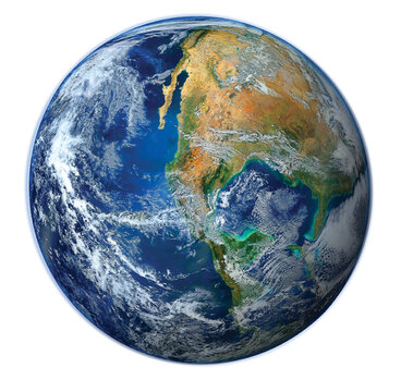 Planet Earth showing continents and oceans with atmospheric glow isolated on white background. Ideal for global ecology and environmental education concepts.
