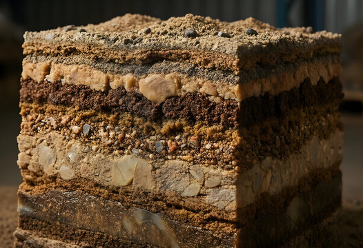 Geology and soil science, cross section of earth layers showing sediment strata and mineral composition in a cube sample for environmental research