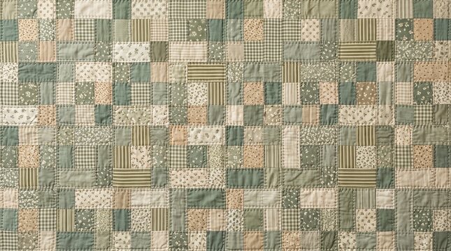 Vintage sage green patchwork quilt pattern featuring coordinated fabric squares in sage green, cream, beige, and muted earthy tones. Realistic woven cotton texture with visible stitching and subtle ha