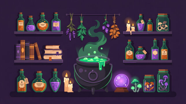 Magical Alchemist Workspace with Bubbling Green Cauldron Potion Bottles Spellbooks and Crystal Ball on Dark Shelves illustration
