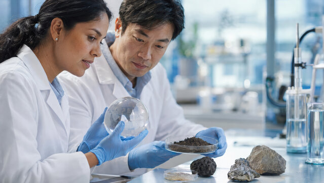 Scientists working together examine soil sample in laboratory with precision and focused expression for environmental research and analysis