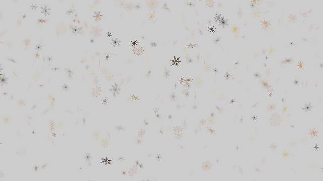 Golden and dark winter snowflakes falling on light gray background