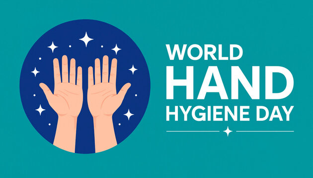 World hand hygiene day awareness design with two open palms inside a blue circular frame and stylized stars on a teal background
