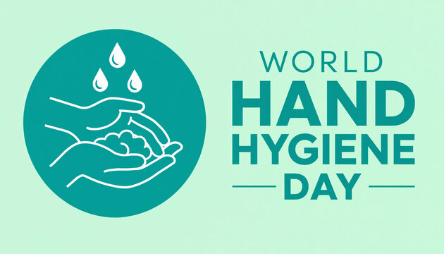 World Hand Hygiene Day conceptual illustration featuring a circular icon with washing hands and water drops symbols on a light green background