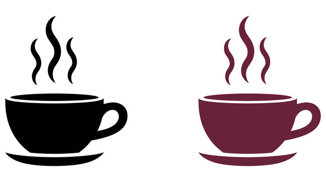 Two hot coffee cup icons with steam swirls in black and brown colors for cafe design.