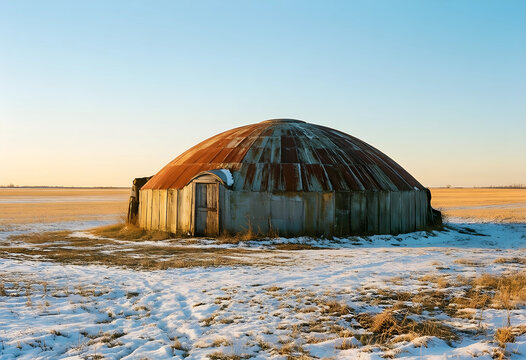 Rural decay and agricultural decline, abandoned dome structure in a frozen winter field at sunset isolation and the loss of family farming