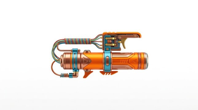 Futuristic sci-fi energy blaster gun with colorful wires and metal body