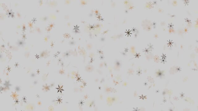Golden and brown abstract snowflakes falling on light grey background