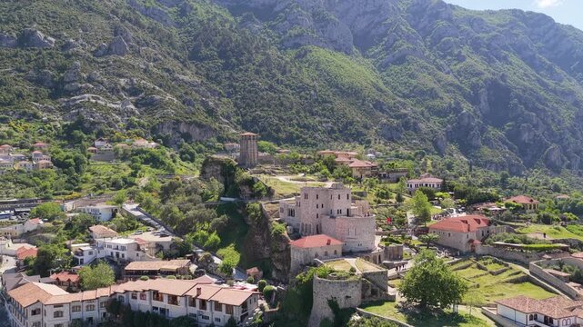 Aerial view of Kruja Castle Hammam in the historic town of, Albania.
