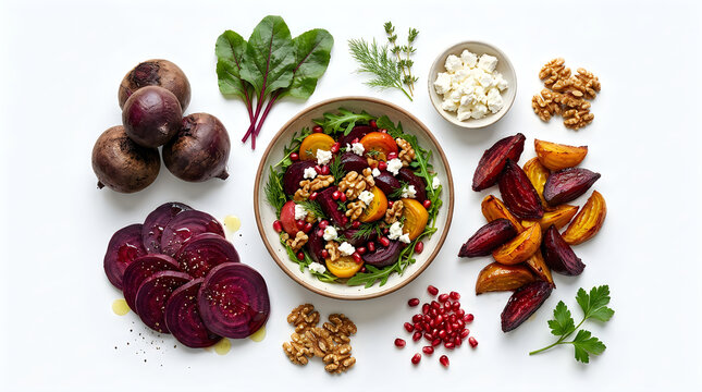 Beet salad ingredients including fresh beetroots, goat cheese, walnuts, and greens are arranged on a white surface.