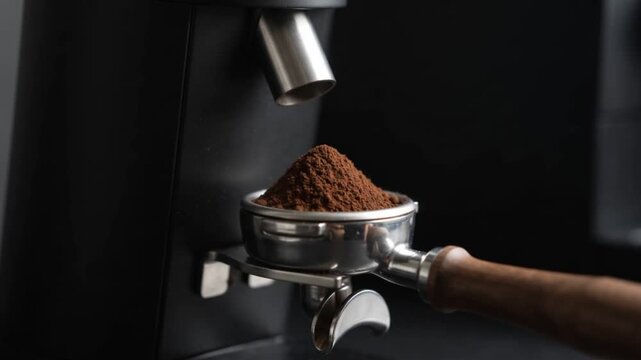 Coffee grinder dispensing freshly ground beans into portafilter for espresso preparation video