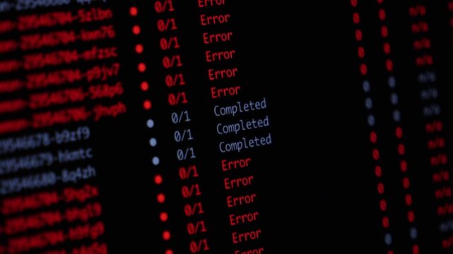 Computer terminal interface displaying a task processing log with numerous error status messages in red on a dark background, representing digital failure or system breakdown. Zoom