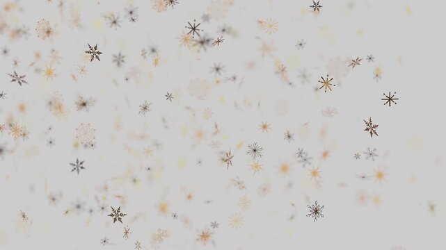 Abstract golden and dark snowflakes falling on light grey background