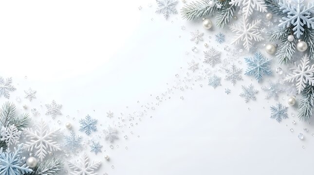 A serene and ethereal winter wonderland scene evokes the magic of christmas with delicate snowflakes gently falling and creating a