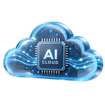 AI cloud computing circuit chip with glowing network connections isolated on transparent png background