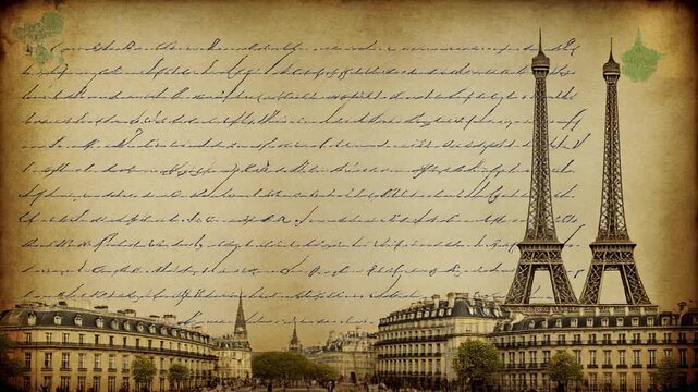 Eiffel Tower Parisian Landmark with vintage script background and subtle light effects
