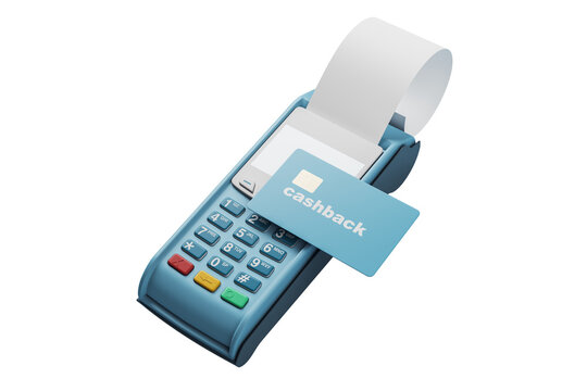 Blue payment terminal printing a receipt with cashback card, clean 3D Rendering on white background, retail finance concept