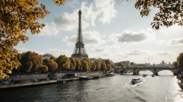 Eiffel Tower Seine River boat passing autumn trees golden hour cinematic motion