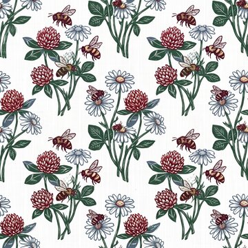 Seamless Pattern with Bees and Wildflowers, Hand Drawn Botanical Illustration, Red Clover and Daisy Floral Print, Vintage Linocut Style, Nature Background for Textile, Wallpaper, and Packaging Design