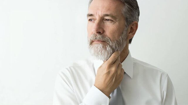 A senior man is lost in thought, stroking his beard.