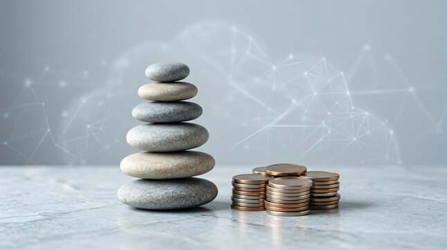 Economic stability concept with Balanced tower of smooth stones beside a compact group of coins, modern wealth management background, in a calm neutral setting