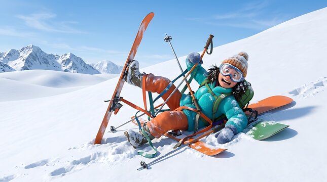 Cartoon character tangled in ski gear during a winter mountain fall